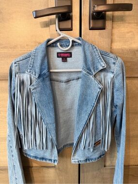 Rock & Roll Cowgirl Light Blue Cropped Denim Fringe Jacket